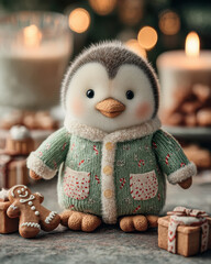Christmas Candlelit Penguin Chick Near Gingerbread Treats