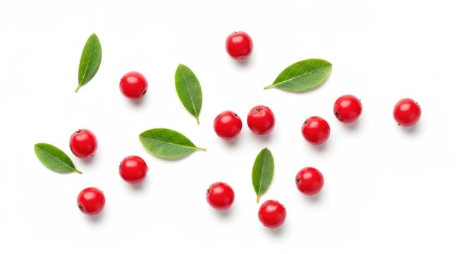 Scattered red berries with green leaves on white