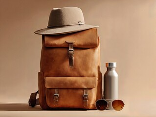 Stylish Leather Backpack with Hat, Water Bottle, and Sunglasses: A Perfect Blend of Fashion and Functionality for Every Adventure