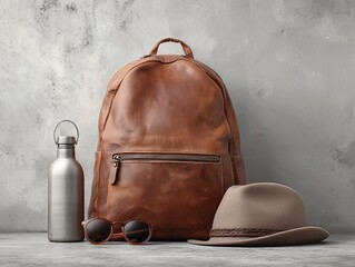 Stylish Brown Leather Backpack with Sunglasses, Water Bottle, and Hat on a Minimalist Gray Background - Perfect for Travel and Daily Use