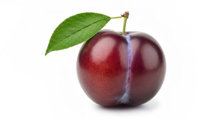 Single ripe plum with stem and leaf, dark red and blue on white background
