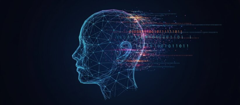 Human head wireframe illustrating biometric identification and digital data processing, representing artificial intelligence and security concepts with binary code streaming from the profile