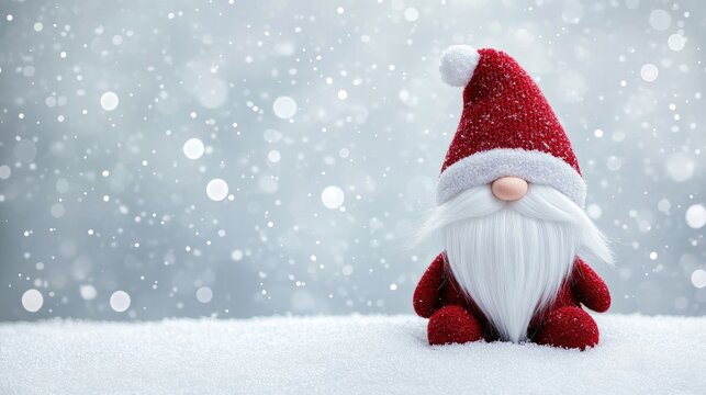 This delightful gnome with a long white beard and bright red hat sits nestled in fresh snow. Soft bokeh creates a whimsical background, enhancing the enchanting atmosphere of winter
