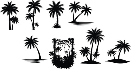 Collection of black palm tree silhouettes, tropical island beach scenes, coconut trees, and summer nature elements vector illustration set.