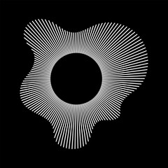 Circular wave. Sound circle white lines. Equalizer logo, radial spectrum. Voice symbol. Sound ring mockup. Wavy, radial frame pattern. Radial rays. Wavy design element. Depicting audio music icon.