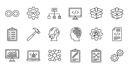 Set of DevOps and software development icons simple line vector symbols for web and app design isola