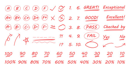 hand drawn red pen grades and numerical doodles, different signs of homework and exam check vectors, editable stroke