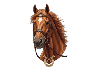 Chestnut Horse Head Wearing Ornate Decorative Bridle and Headpiece Isolated on Black Background