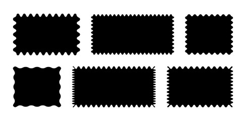 Rectangular backgrounds set. Squared black tags, empty text boxes, labels, stamps, crackers, coupons with curvy, squiggly, wiggly, wavy edges. Wave curve edge frame patterns with squiggly borders.