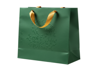 Isolated green gift bag, presents or shopping, decorative embossing, golden ribbon handles