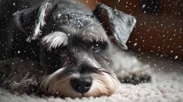 A small dog is laying on the floor. The dog has a black nose and is looking at the camera. Miniature Schnauzer lying with gentle snowfall effect around