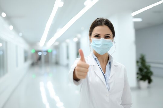 Professional healthcare worker wearing face mask gives thumbs up in modern hospital hallway, conveying trust, approval and optimism for health and wellness