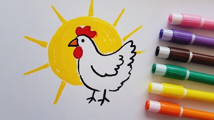 A charming drawing of a chicken and the sun, created with colorful markers on white paper.