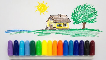 Colorful markers and a child's drawing of a house, tree, sun, and landscape on white paper.