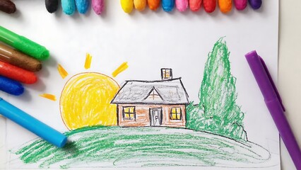 Child's drawing of a house with a sun, tree, and markers on a white background.