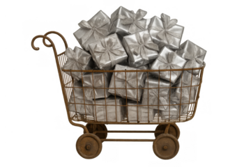 Vintage shopping cart filled with numerous silver gifts, symbolizing holiday shopping, celebration, and consumerism on transparent background