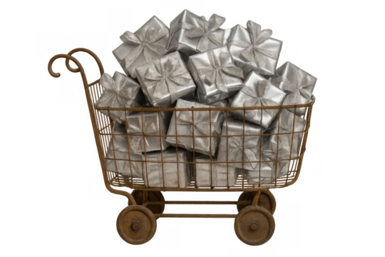 Vintage shopping cart filled with numerous silver gifts, symbolizing holiday shopping, celebration, and consumerism on transparent background - Powered by Adobe