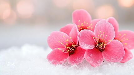 Fototapeta premium Delicate pink plum blossoms emerge from thick snow, framed by traditional Chinese buildings, showcasing the beauty of nature in a serene winter landscape
