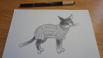 A charming hand-drawn illustration of a cat wearing a striped sweater, captured in a simple and endearing style.