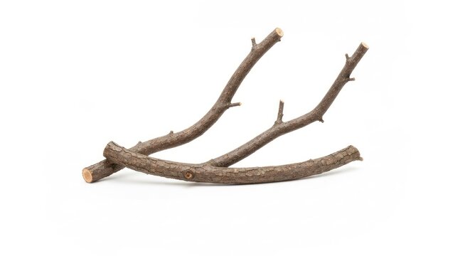 Twig isolated, smooth brown bark, multiple small branches on white background