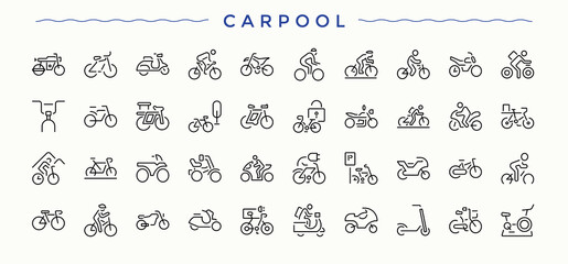 Carpool icon set. Includes symbols for cab, service, hire, automotive, travel, taxi, bike and more. Rental icon set. Thin line icons set. Editable stroke. Vector illustration.