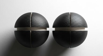 Two black spheres, each sliced into four pieces, on a white surface