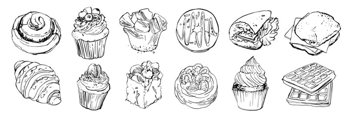 Bakery Pastries and Cupcakes Line Art Set – Hand-Drawn Desserts Collection