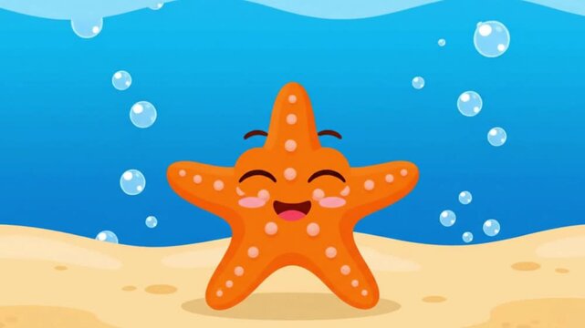Cute Cartoon Orange Starfish Underwater on Sandy Seabed with Bubbles