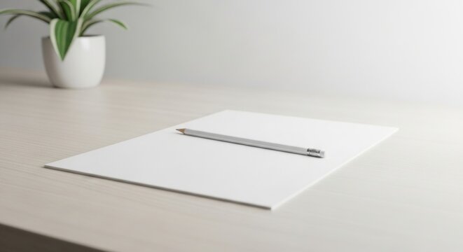 Pristine workspace with a blank sheet, pencil, and indoor greenery showcasing fresh ideas - Powered by Adobe