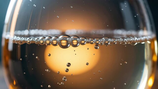 Bubbles forming on the surface of a light colored liquid in a glass water champagne