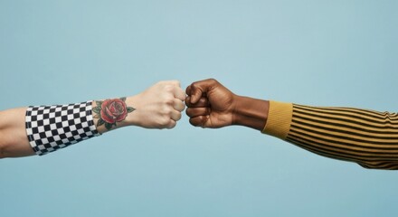Two people fist-bumping; one with tattoos, against a light blue background