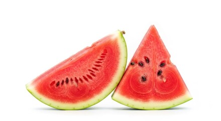 Two watermelon slices, one triangular, one half-moon, on a white background