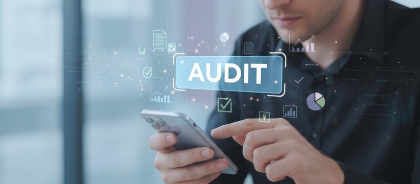 Man in a black shirt interacting with a smartphone screen, accessing compliance data, performance charts, and document icons related to an online business audit process