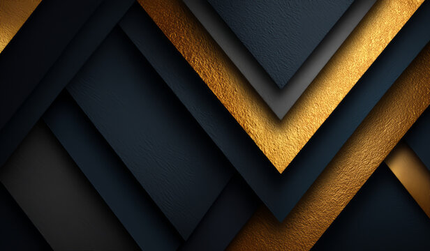 Luxury black background with layered geometric shapes and metallic gold edges creating elegant 3d abstract design