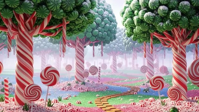 Magical fantasy candy land forest with peppermint swirl trees and lollipop plants in pink and green colors sweet landscape illustration

