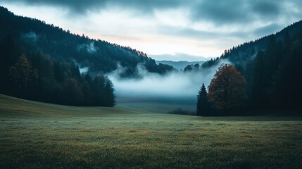 Mist over meadow at dawn, exuding tranquility and emotional reflection. Suitable for desktop wallpaper, meditation materials, nature promotion, lyrical graphics, healing and soothing style fitting nat