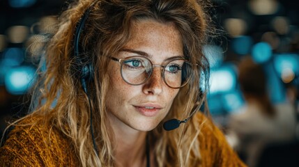 Customer service support call center helpdesk operator agent representative assistance communication headset glasses freckles blonde hair woman job work