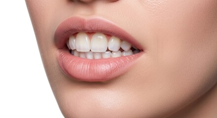 Fototapeta premium Woman biting lip; close-up shot of mouth with straight, clean teeth