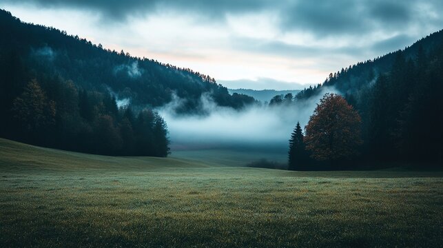 Mist over meadow at dawn, exuding tranquility and emotional reflection. Suitable for desktop wallpaper, meditation materials, nature promotion, lyrical graphics, healing and soothing style fitting nat