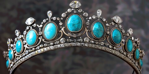 Exquisite antique tiara adorned with vibrant turquoise and sparkling diamonds, a symbol of regal elegance and luxury.