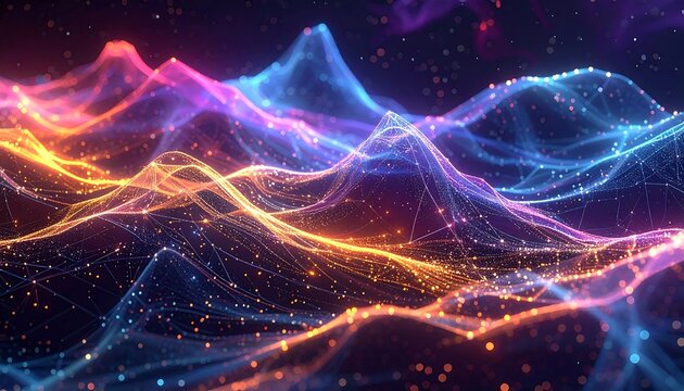 Glowing, abstract mountainscape with lines, dots, and vibrant hues of blue, pink, and orange