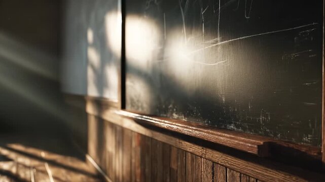 The image shows a classroom with sunlight streaming in, illuminating the dusty blackboard and wooden surfaces. The warm sunlight creates soft shadows, enhancing the calm atmosphere