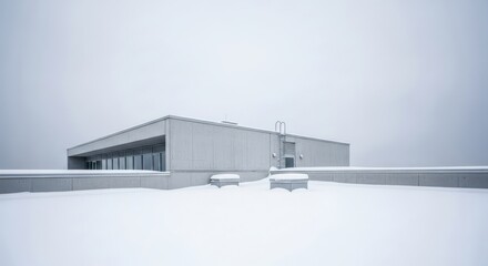 Modern building on a snowy rooftop under a grey winter sky