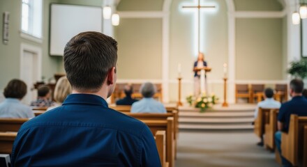 Obraz premium Attentive worshipper in a deep blue shirt participates in a solemn church service, listening to the sermon while seeking spiritual guidance and community connection
