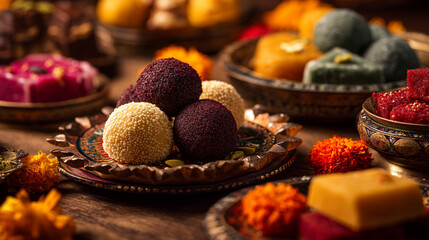 A variety of colorful indian sweets arranged on decorative metal dishes