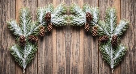 Snowy christmas tree branches with pinecones on rustic wooden background