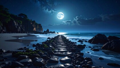 Moonlit beach vista, gentle waves wash the shore. Rocky path leads to the sea under a starry night sky