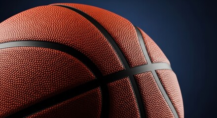 Classic basketball close-up shot highlights the vibrant orange texture and iconic black seams against a sophisticated dark blue background, symbolizing competition and passion