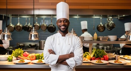 Confident African American chef proudly smiles, arms crossed, in a bustling professional kitchen featuring vibrant fresh vegetables and gourmet plated dishes