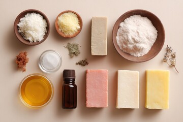 An Assortment of Natural Ingredients for Crafting Handmade Soaps and Skincare Products, Featuring Various Oils, Clays, and Botanicals